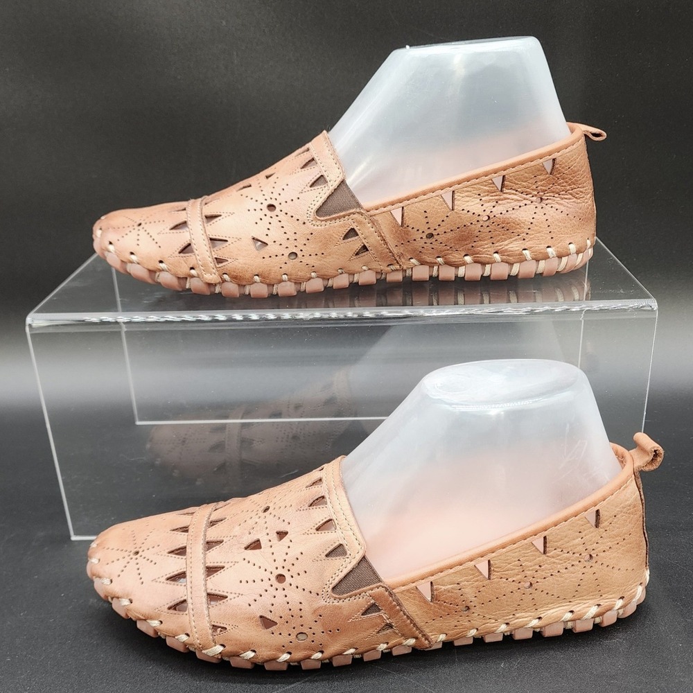 Turkey 38 Tan Leather Laser Cut Loafers Boho Whipstitch Comfort Slip On Flats